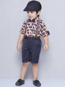 AJ Dezines - Printed Shirt Shorts With Suspender & Cap Bow Tie (Set of 5)