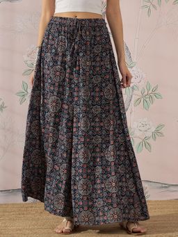 InWeave - Navy Maroon Ajrakh Flared Skirt