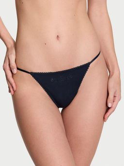 Victoria's Secret - Navy Blue Embroidered Stretch Cotton V-String Thong Panty