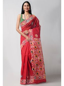 Unnati Silks - Red Pure Batik Kota Cotton Saree with Unstitched Blouse