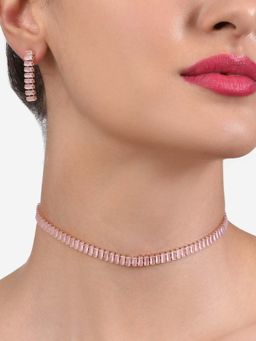 Zaveri Pearls - Pink Baguette Cubic Zirconia Party Bling Necklace & Earring Set-ZPFK14027