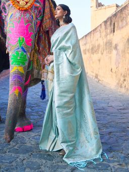 Sareemall - Women's Silk Blend Turquoise Woven Design Designer Saree With Unstitched Blouse