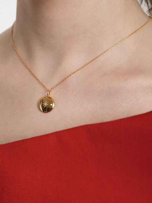 Velvet Imperial Stardust Disc Charm Gold Necklace - 18K Gold Plated