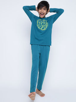 Lil Tomatoes - Boys Typography Cotton Night Suits Teal (Set of 2)
