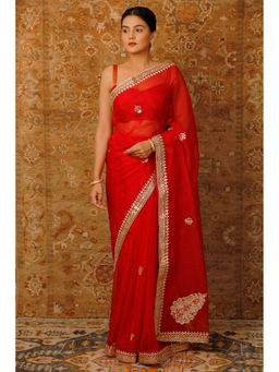 Geroo Luxe - Red Handcrafted Embellished Gota Patti Organza Saree