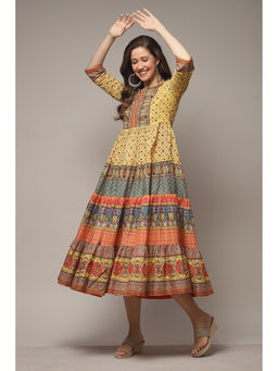 Biba - Womens Lemon Yellow Printed Cotton Tired Dress