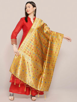 Dupatta Bazaar - Womens Gold Banarasi Silk Dupatta with Motifs in Checkered Design