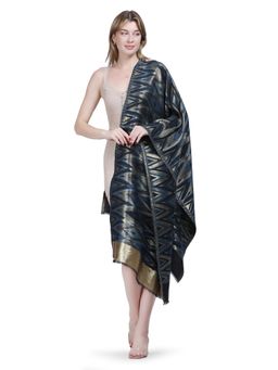 Stole & Yarn - Zari Ikat Diamond Weave Stole - Navy Blue - 380