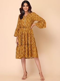 Indya - Mustard Yellow Bandhani Print Tiered Rayon Dress With Belt (Set of 2)