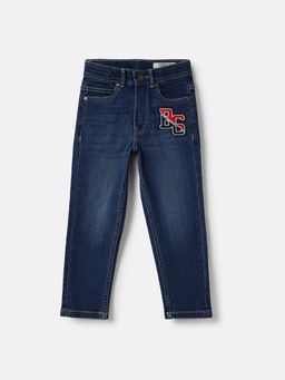 Blue Giraffe - Boys Solid Stretchable Embroidered Badge Jeans