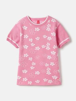 Blue Giraffe - Girls Pink Floral Jacquard Stretchable T-shirt