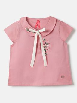Blue Giraffe - Girls Pink Peterpan Collar Embroidered Top
