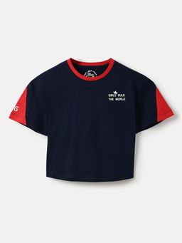 Blue Giraffe - Girls Typography Stretchable Contrast Panelling Detailing T-shirt