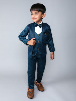 FOURFOLDS - Boys Turquoise Shirt & Pant With Printed Blazer (Set of 4)