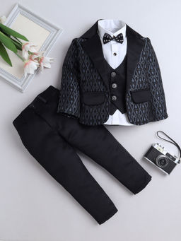 FOURFOLDS - Boys Grey Shirt & Pant With Embroidered Blazer (Set of 4)
