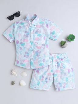 FOURFOLDS - Boys Blue Printed Shirt & Shorts (Set of 2)