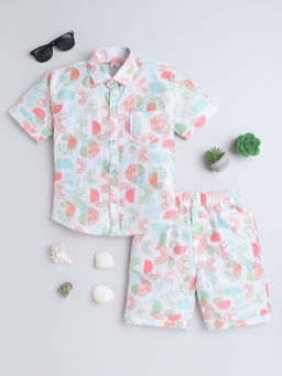 FOURFOLDS - Boys Peach Printed Shirt & Shorts (Set of 2)