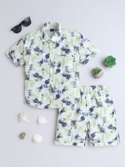 FOURFOLDS - Boys Green Printed Shirt & Shorts (Set of 2)