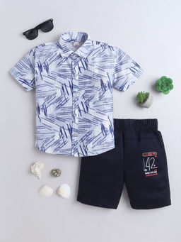 FOURFOLDS - Boys Blue Printed Shirt & Shorts (Set of 2)