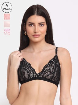 AOBA - Black & Pink Pack of 4 Non Padded Non Wired Everyday Lace Bra