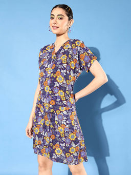 Miss Chase - Womens Purple V Neck Short Sleeve Printed Knee Long Shift Dress