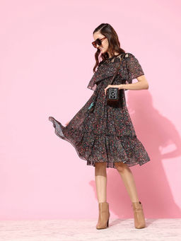 Miss Chase - Womens Black Polyester Ruffled Knee Length Dress