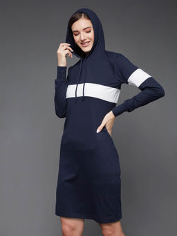 Miss Chase - Womens Navy Blue & White Round Neck Full Sleeve Knee Long Hooded Dress