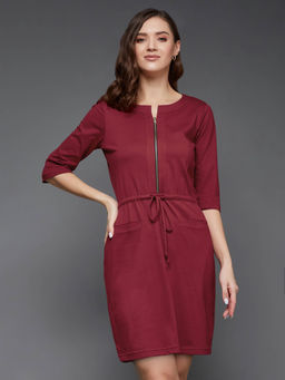 Miss Chase - Womens Maroon Round Neck Cotton Solid Mini Shift Dress