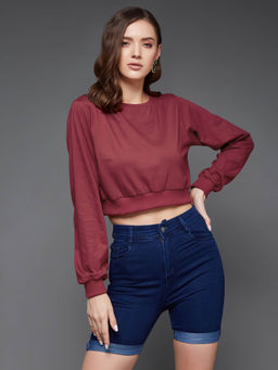 Miss Chase - Womens Maroon Round Neck Full Sleeves Solid Crop Top
