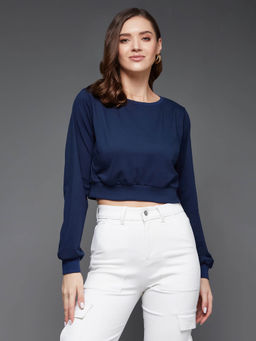 Miss Chase - Womens Navy Blue Round Neck Full Sleeves Solid Crop Top