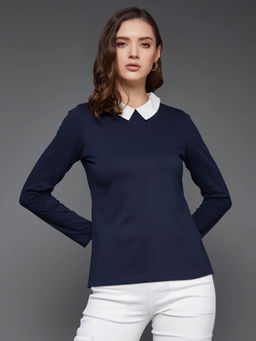 Miss Chase - Womens Navy Blue Collared Round Neck Full Sleeve Cotton Buttoned Top
