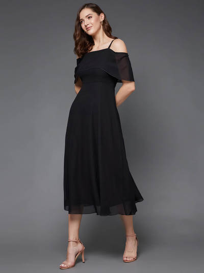 Women's Black Bardot Style Sleeveless Strap Off Shoulder Midi Skater Dress