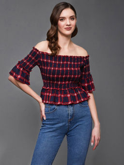 Miss Chase - Women's s Navy & Red Flared Sleeves Viscose Rayon Smocked Short Checkered Top