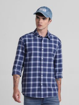Jack & Jones - Men Navy Blue Checks Regular Fit Shirt