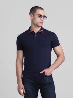 Jack & Jones - Men Navy Blue Slim Fit Stretch Polo T-Shirt