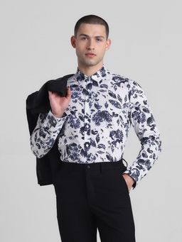 Jack & Jones - Men White & Navy Blue Printed Slim Fit Shirt