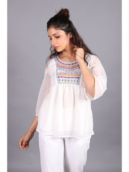 Moonstruck - White Front Yoke Buttoned Embroidered Sheer Top