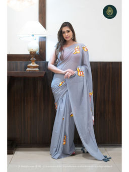Ethnic Elements - Pebble Grey Hand Painted Mul Cotton Saree Without Blouse