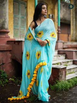 Ethnic Elements - Mul Cotton Hand Painted Baby Blue Sunflower Saree Without Blouse
