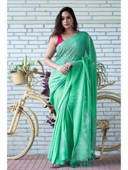 Ethnic Elements - Rose Kantha Embroidered Mul Cotton Green Saree Without Blouse