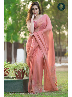 Ethnic Elements - Rose Kantha Embroidered Mul Cotton Peach Saree Without Blouse