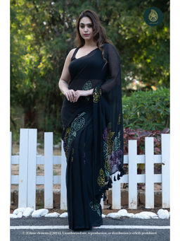 Ethnic Elements - Rose Kantha Embroidered Mul Cotton Black Saree Without Blouse
