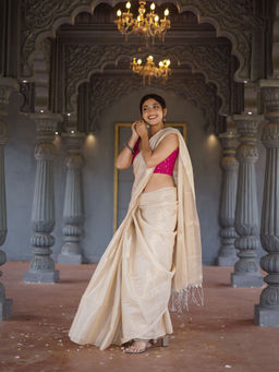 Ethnic Elements - Oyster Mul Cotton Tissue Saree Without Blouse