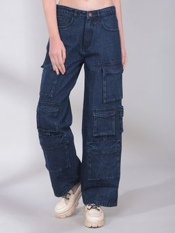 CRIMSOUNE CLUB - Women's Blue 100% Cotton Baggy Cargo Jeans