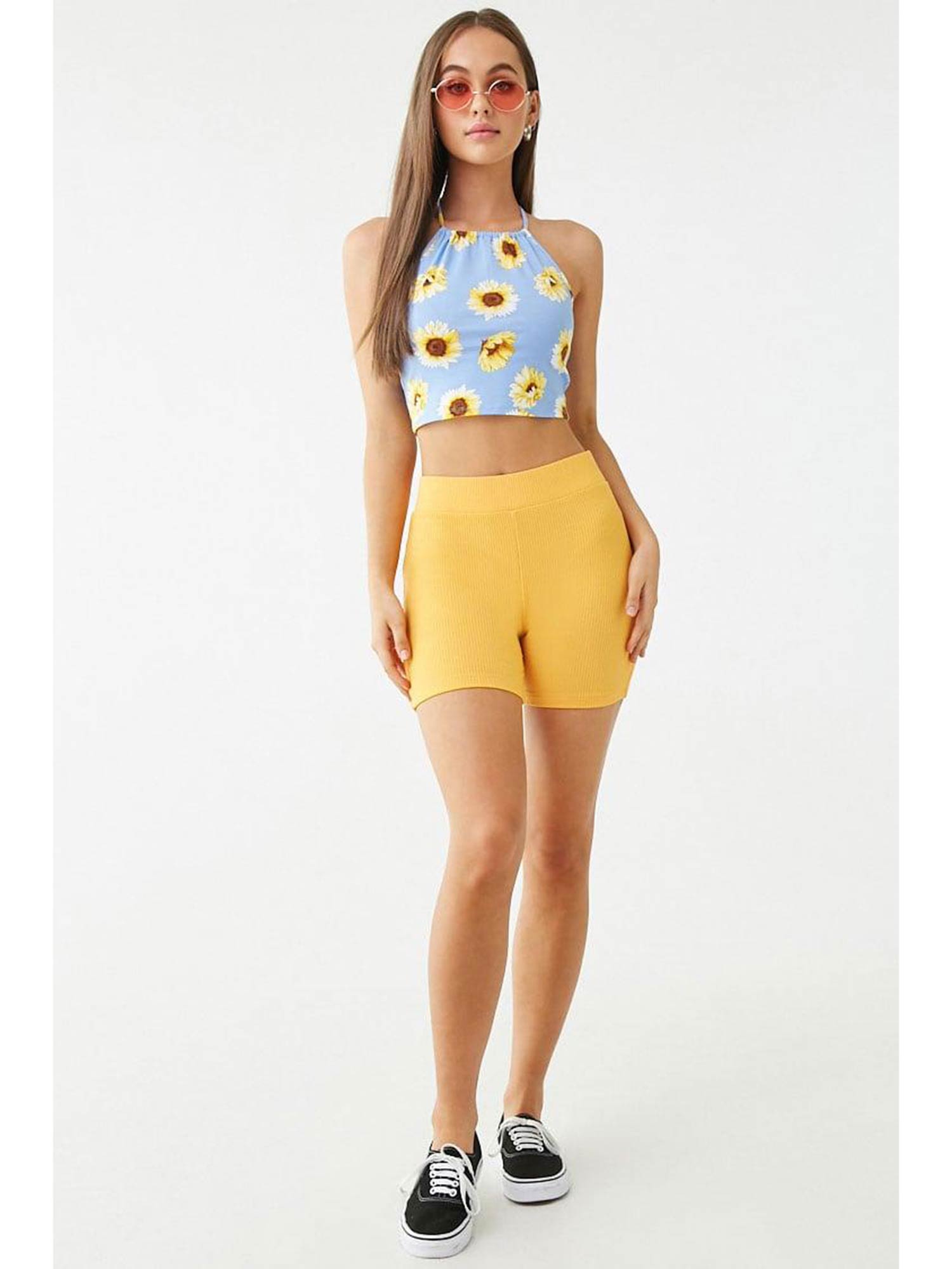 Blue Sunflower Print Crop Top 