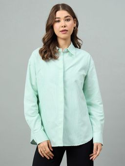 Style Quotient - Women Striped Green And White Oversized Polycotton Shirt