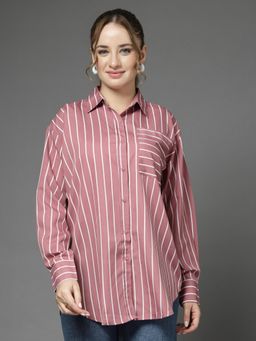 Style Quotient - Women Stripe Mauve White Polycrepe Oversized Shirt