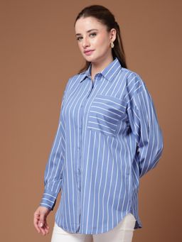 Style Quotient - Women Stripe Slate Blue White Polycrepe Oversized Shirt