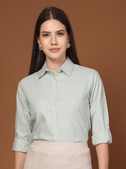 Style Quotient - Women Polycotton Green and White Stripe Shirt