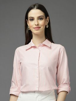 Style Quotient - Women Polycotton Peach and White Stripe Shirt